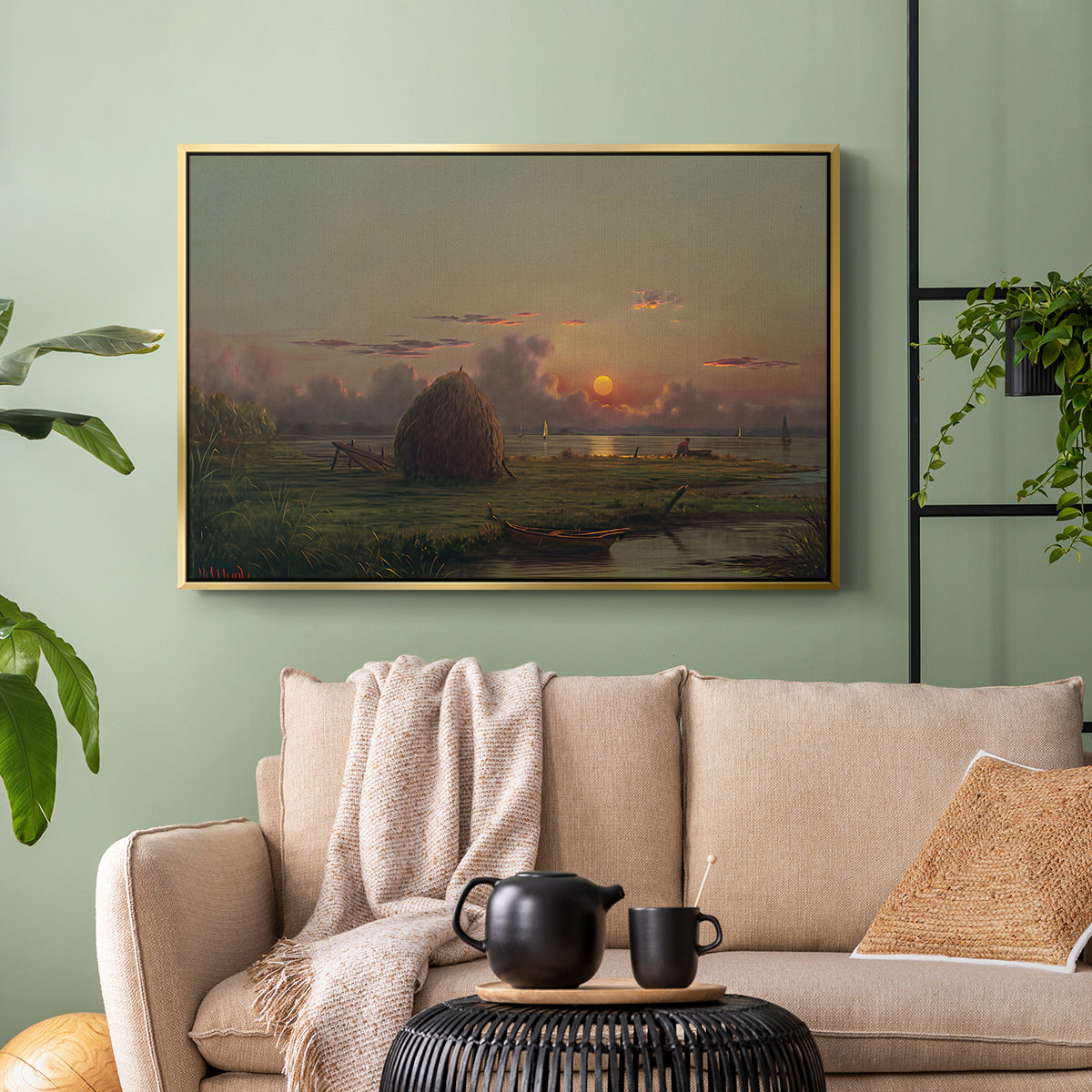 Haystack at Sunset, 1880 - Floater Framed Canvas Print