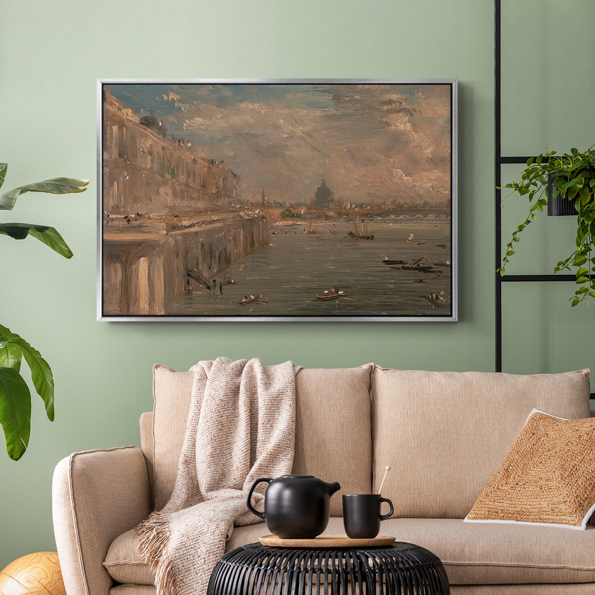 Somerset House Terrace from Waterloo Bridge, c. 1819 - Floater Framed Canvas Print