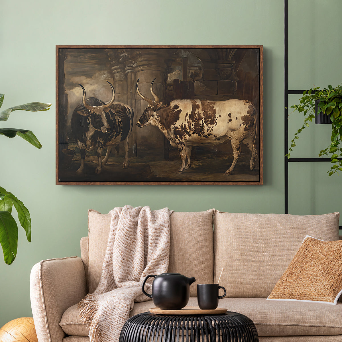 Portraits of Two Extraordinary Oxen, Property of the Earl of Powis, 1814 - Floater Framed Canvas Print