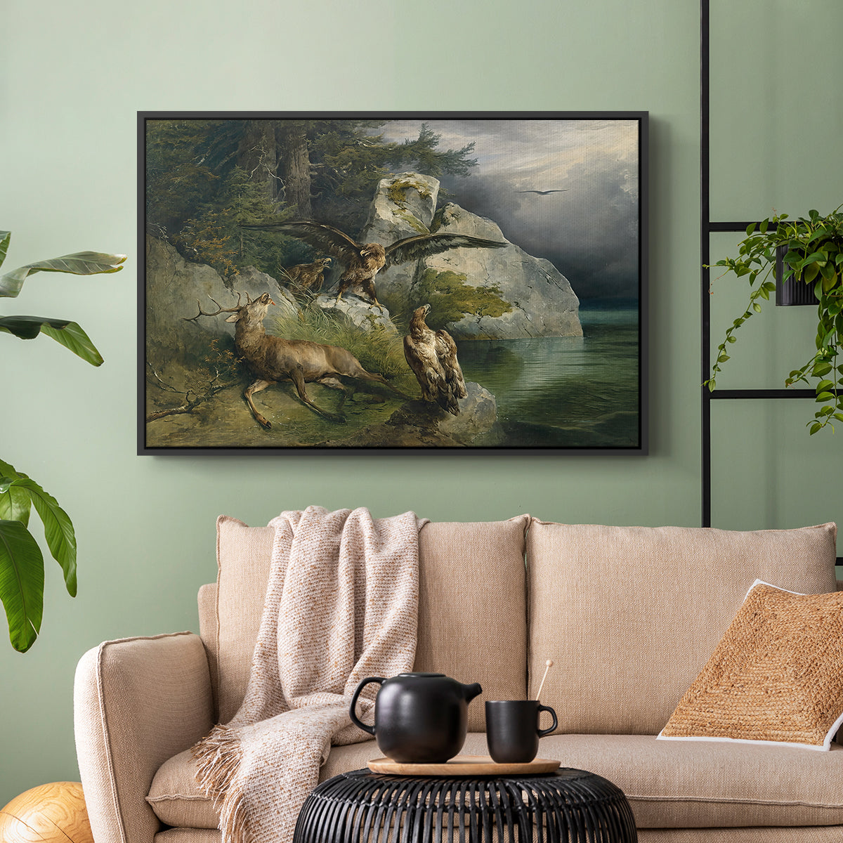 Eagles and Dying Stag on a Lakeshore, 1836 - Floater Framed Canvas Print