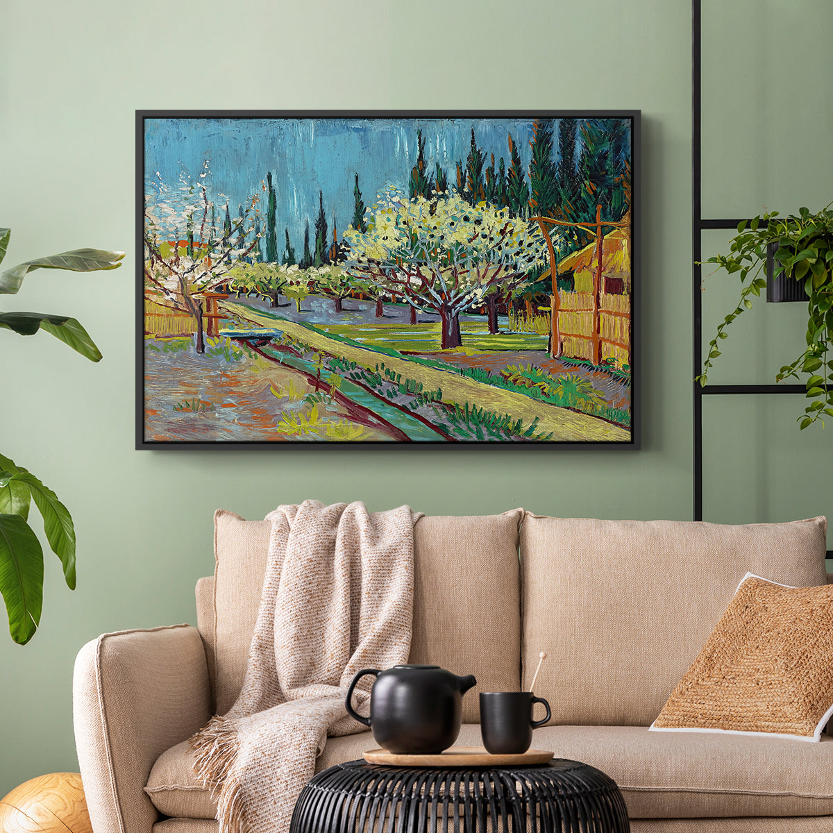Orchard in Blossom, Bordered by Cypresses, 1888 - Floater Framed Canvas Print