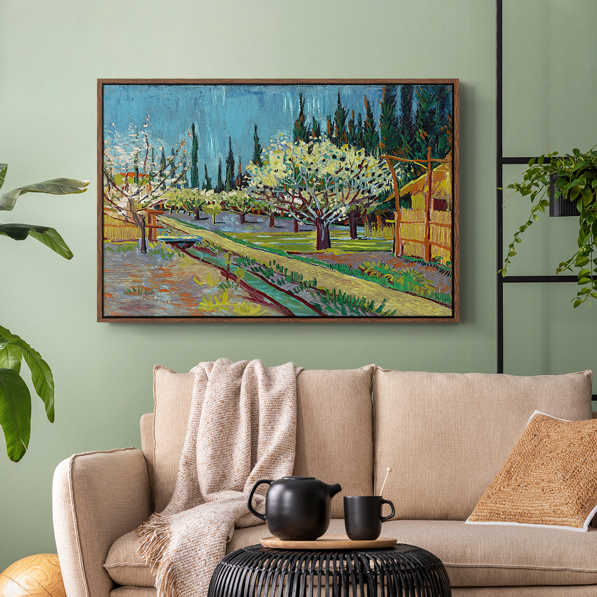 Orchard in Blossom, Bordered by Cypresses, 1888 - Floater Framed Canvas Print
