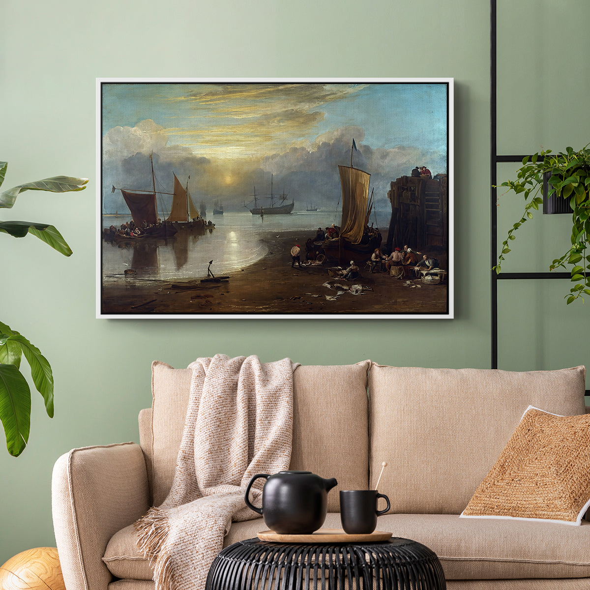 Sun Rising through Vapour: Fishermen Cleaning and Selling Fish, c. 1807 - Floater Framed Canvas Print