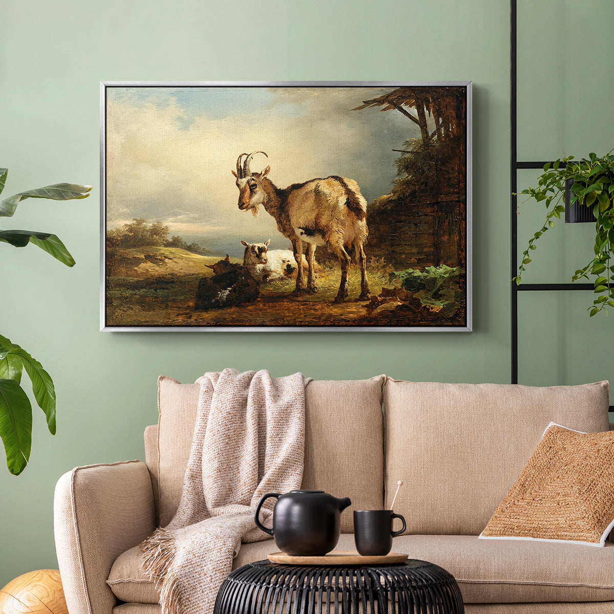 A Goat with Two Kids - Floater Framed Canvas Print