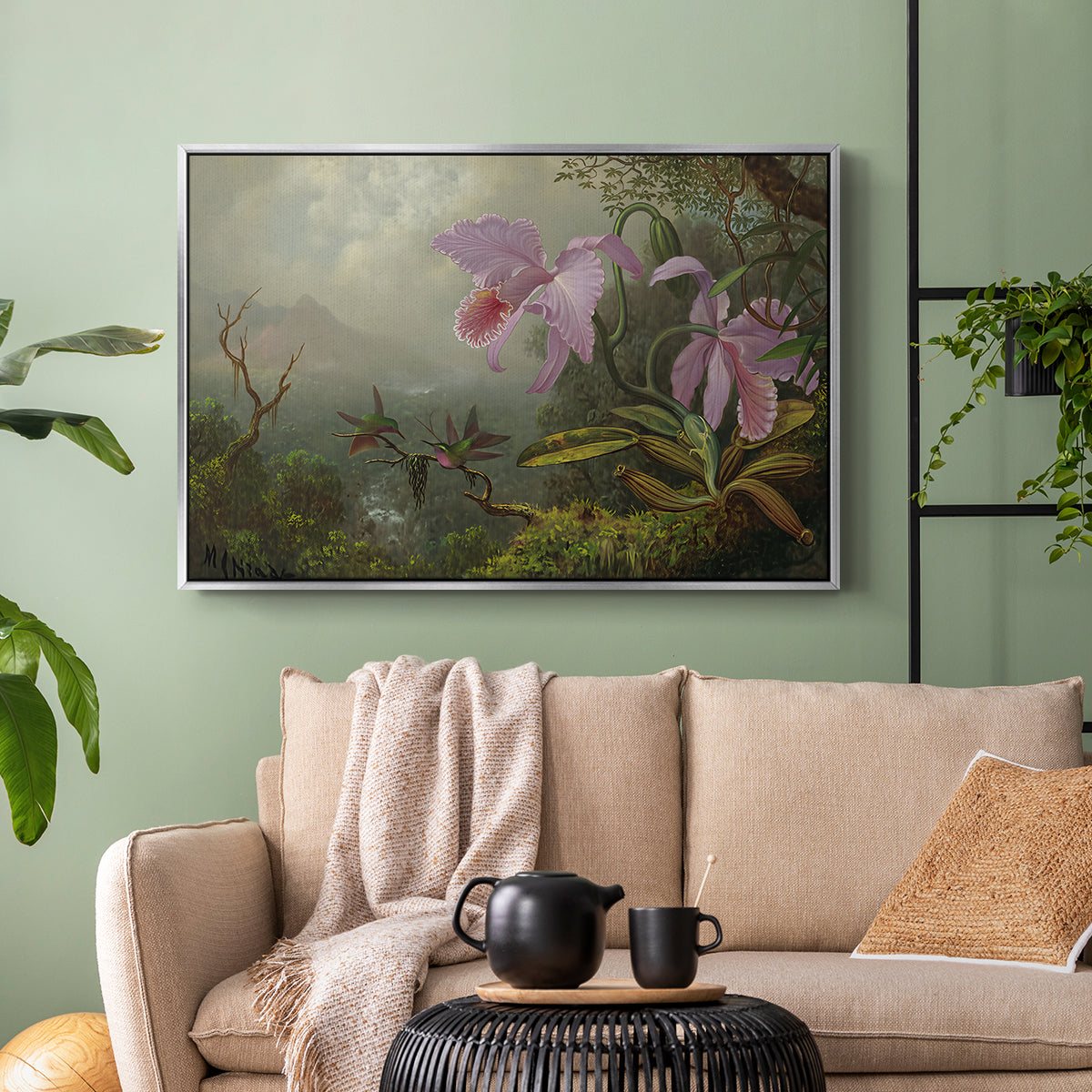 Two Sun Angel Hummingbirds on a Branch, c. 1890-1904 - Floater Framed Canvas Print