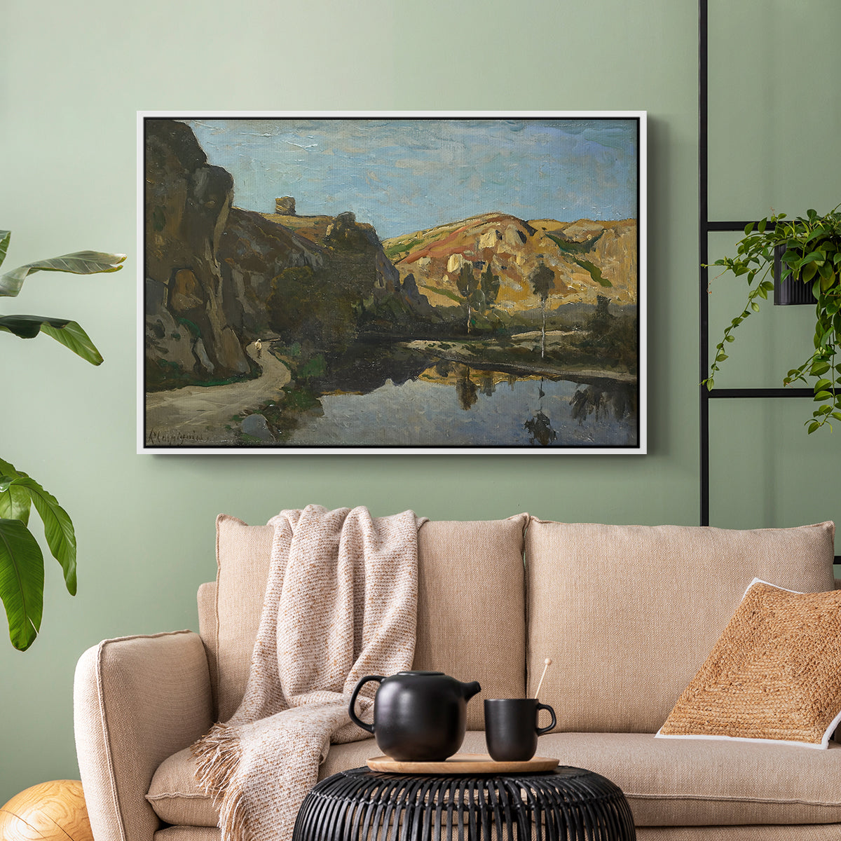 River Landscape with Cliffs, c. 1850-1860 - Floater Framed Canvas Print