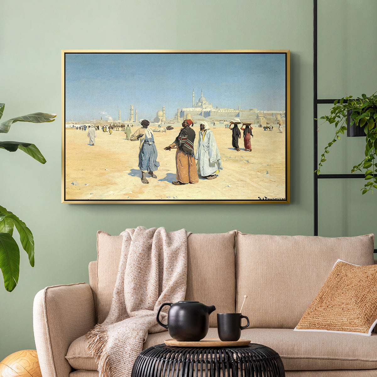 View from the Desert of Cairo with Citadel and Mamluk Tombs in the Background, c. 1889-1890 - Floater Framed Canvas Print