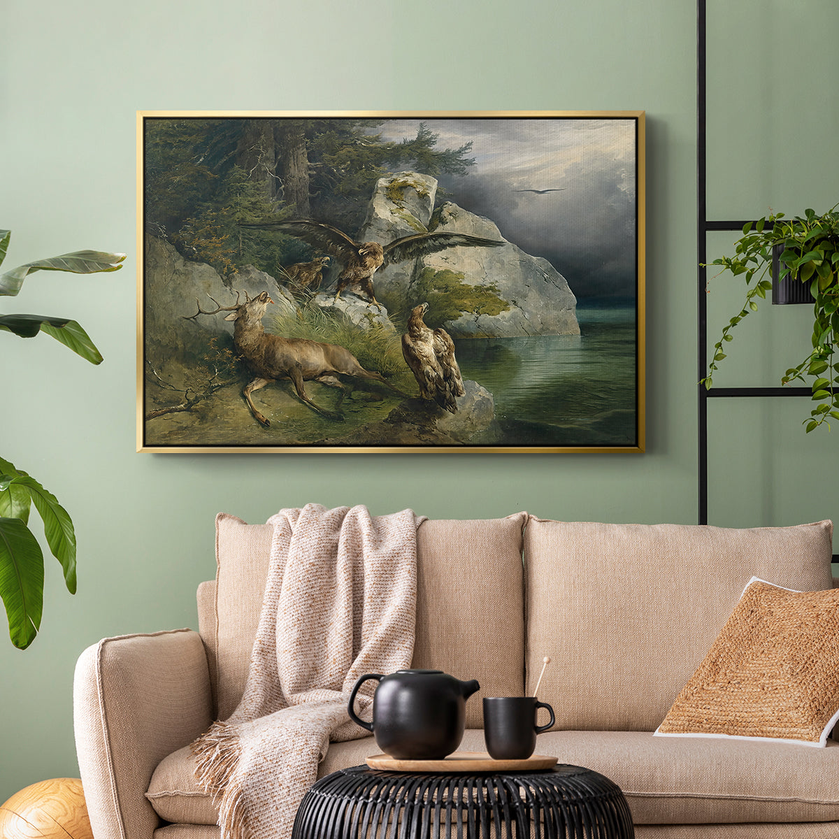 Eagles and Dying Stag on a Lakeshore, 1836 - Floater Framed Canvas Print