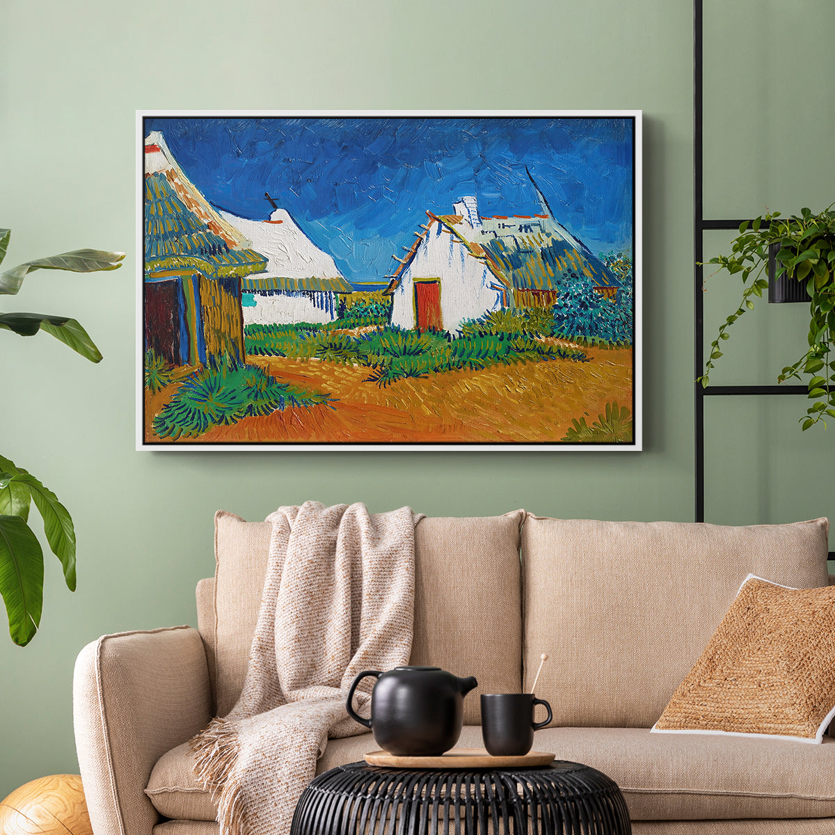 Three White Cottages at Saintes-Maries, 1888 - Floater Framed Canvas Print