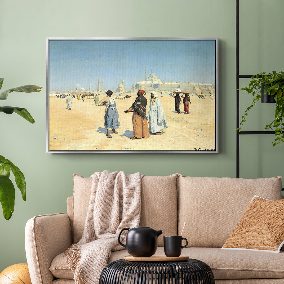 View from the Desert of Cairo with Citadel and Mamluk Tombs in the Background, c. 1889-1890 - Floater Framed Canvas Print