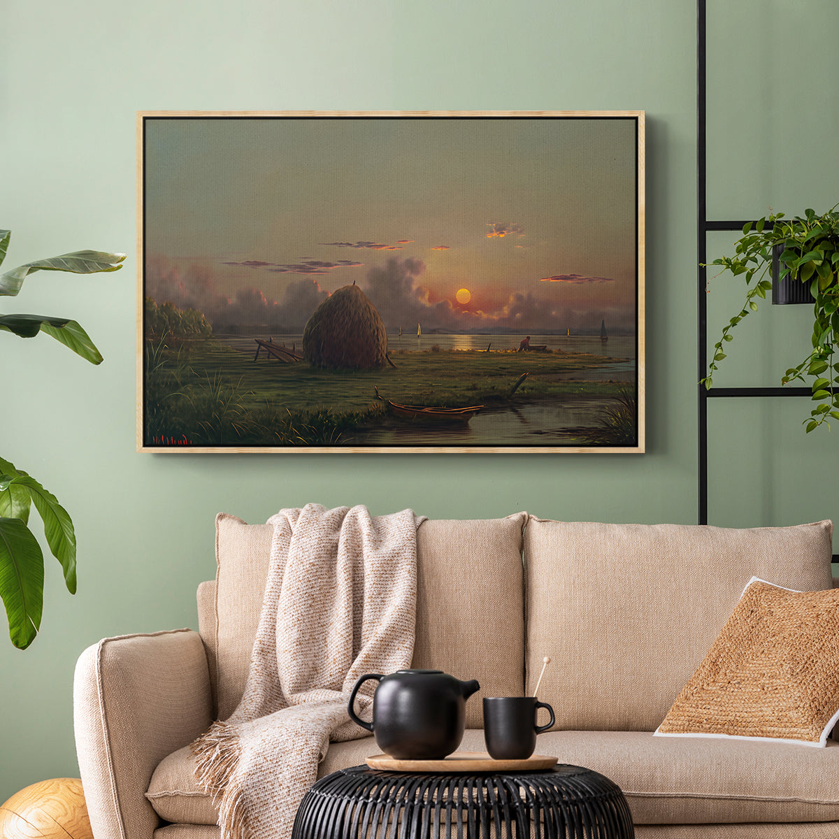 Haystack at Sunset, 1880 - Floater Framed Canvas Print