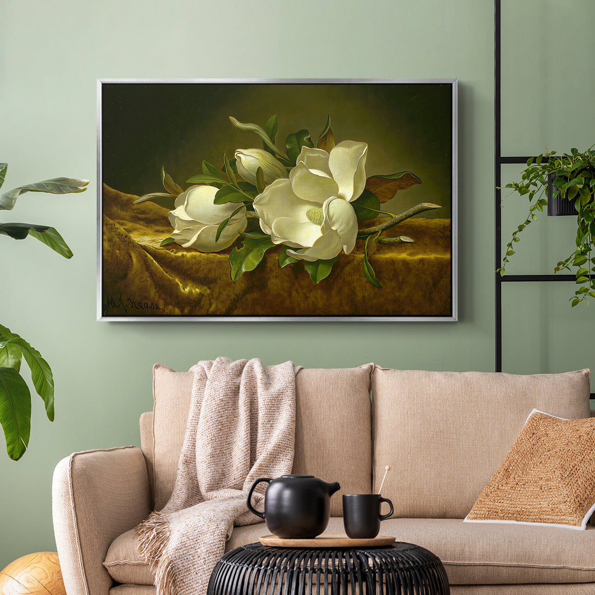 Magnolias on Gold Velvet Cloth, c. 1888-1890 - Floater Framed Canvas Print