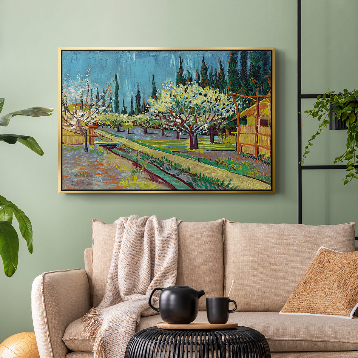 Orchard in Blossom, Bordered by Cypresses, 1888 - Floater Framed Canvas Print