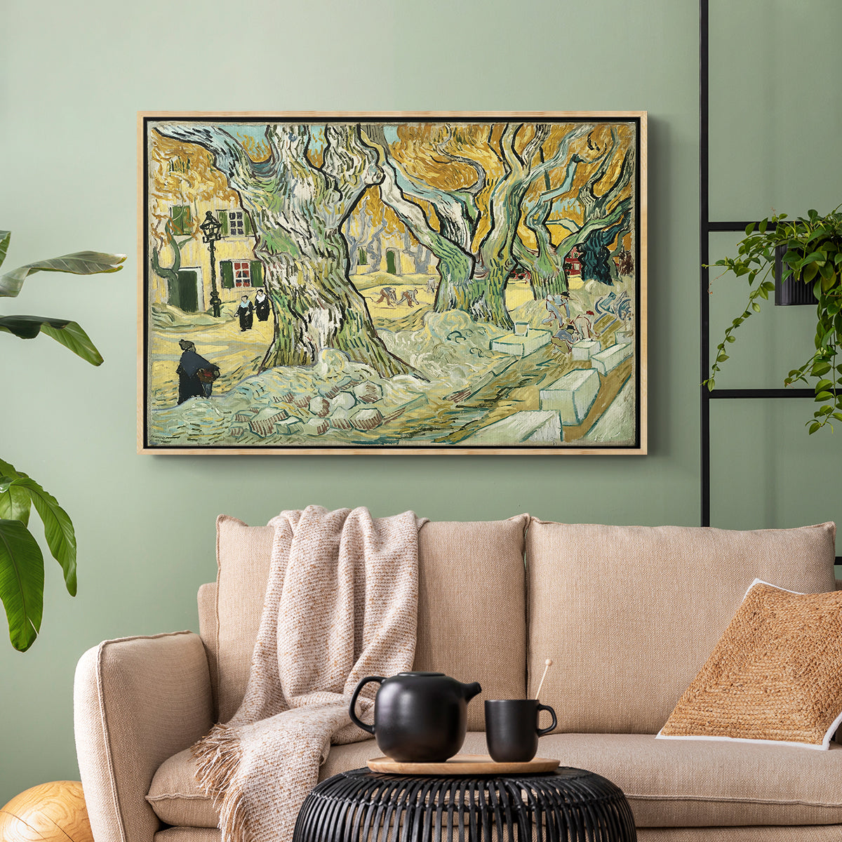 The Large Plane Trees (Road Menders at Saint-Rémy), 1889 - Floater Framed Canvas Print