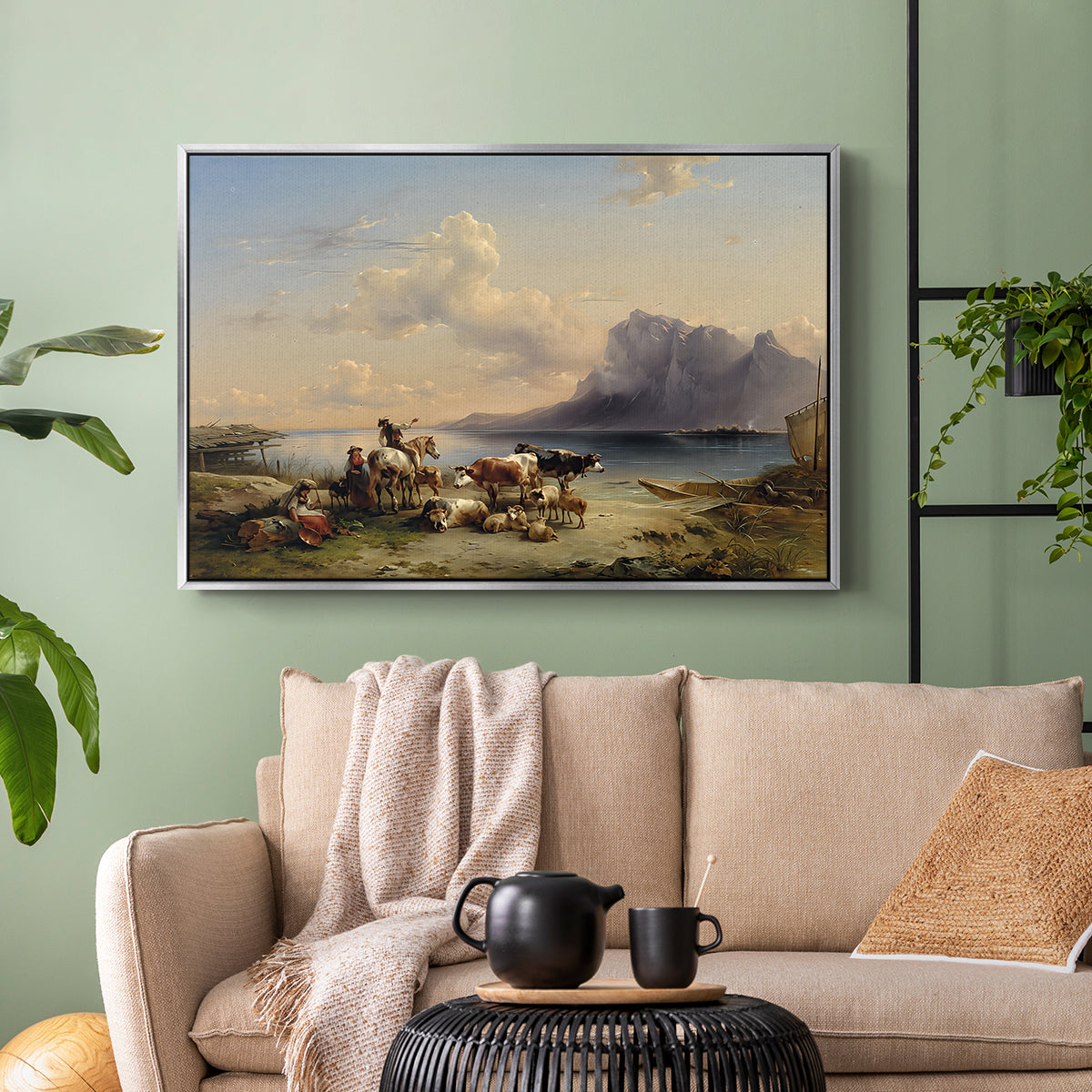 Shepherds and Cattle on Lake Attersee, 1852 - Floater Framed Canvas Print
