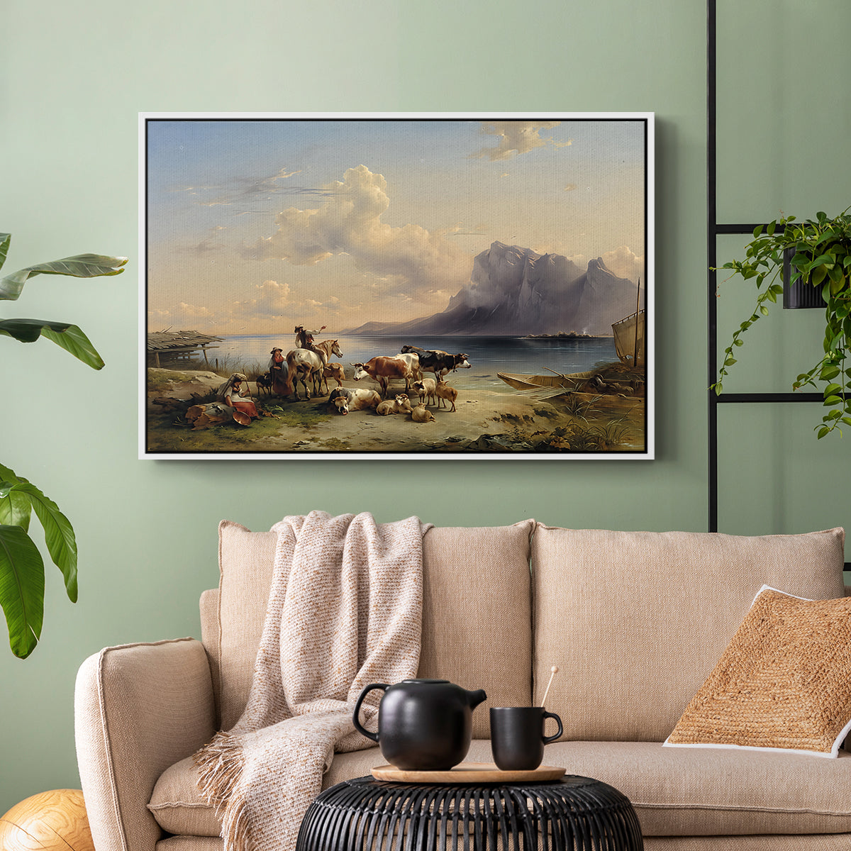 Shepherds and Cattle on Lake Attersee, 1852 - Floater Framed Canvas Print