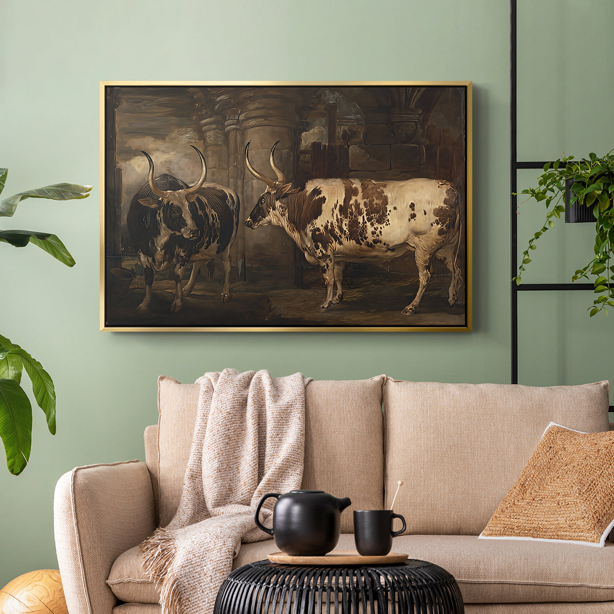 Portraits of Two Extraordinary Oxen, Property of the Earl of Powis, 1814 - Floater Framed Canvas Print