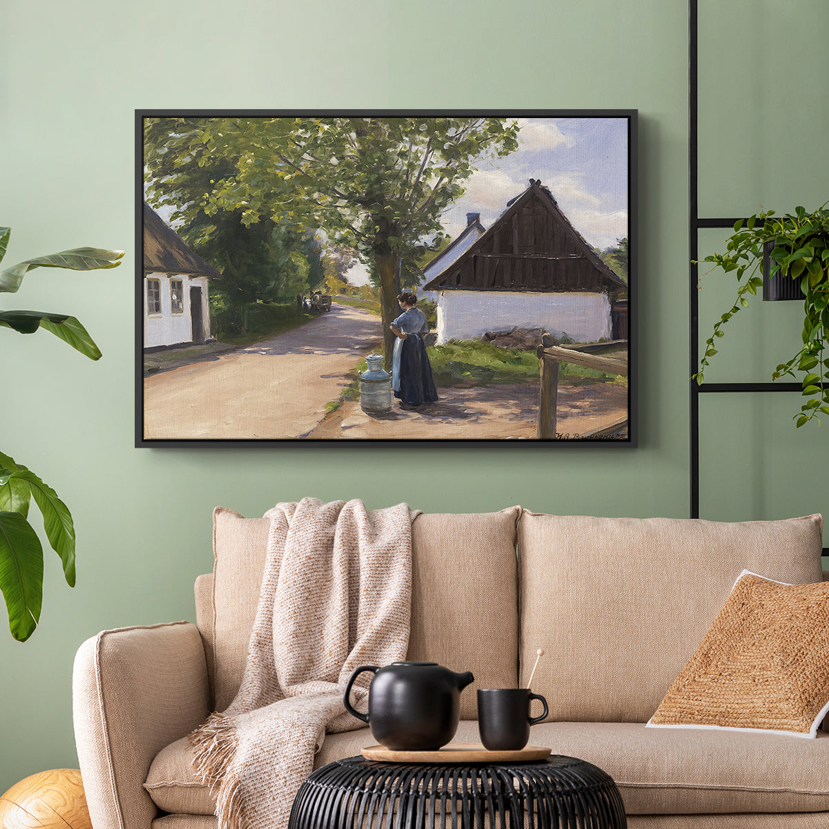 Danish Village Street with Woman and Milkman, 1880 - Floater Framed Canvas Print