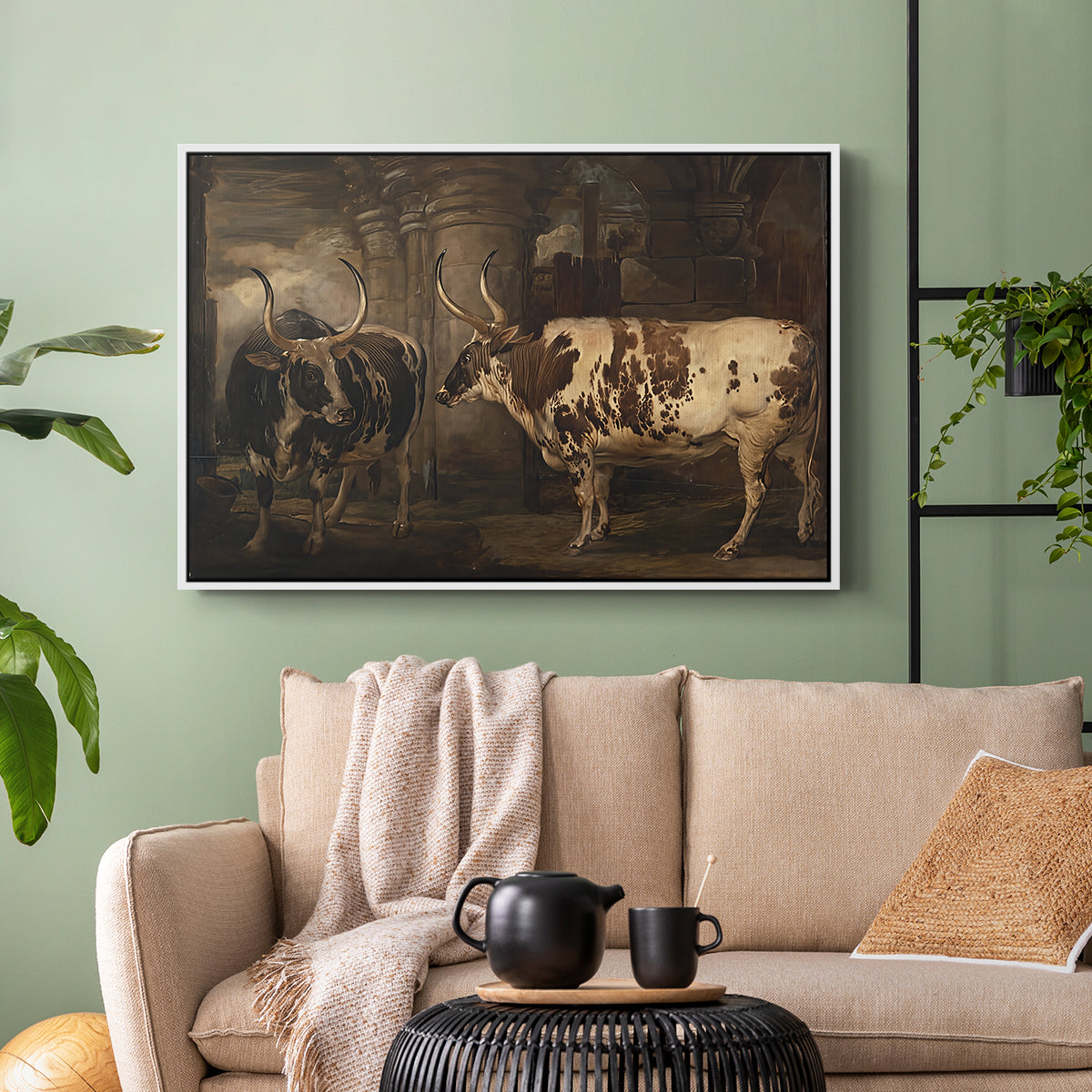 Portraits of Two Extraordinary Oxen, Property of the Earl of Powis, 1814 - Floater Framed Canvas Print