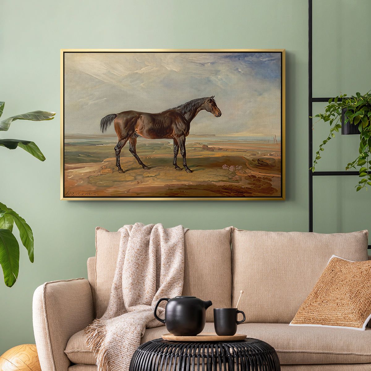 Dr. Syntax, a Bay Racehorse, Standing in a Coastal Landscape, an Estuary Beyond, c. 1820 - Floater Framed Canvas Print