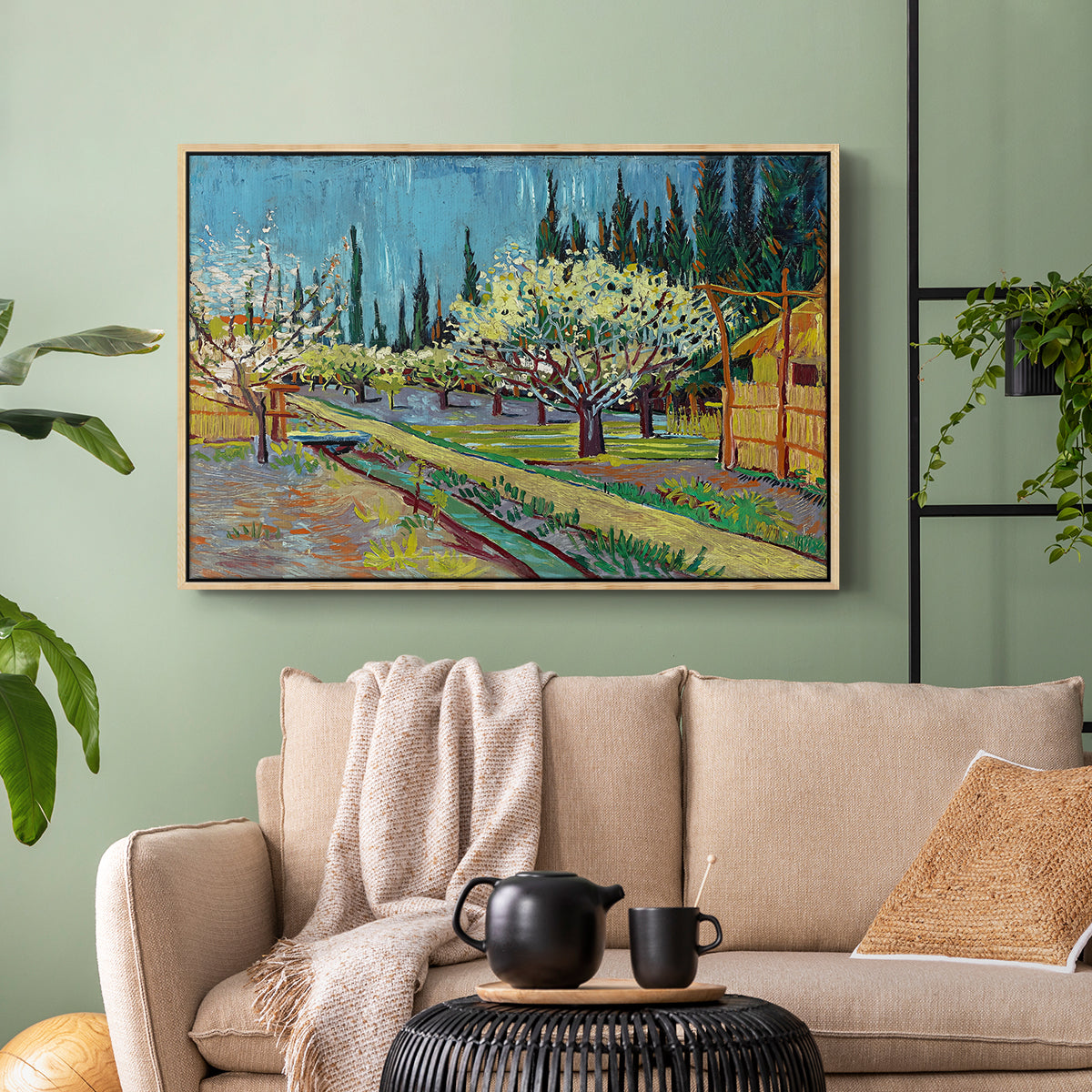 Orchard in Blossom, Bordered by Cypresses, 1888 - Floater Framed Canvas Print