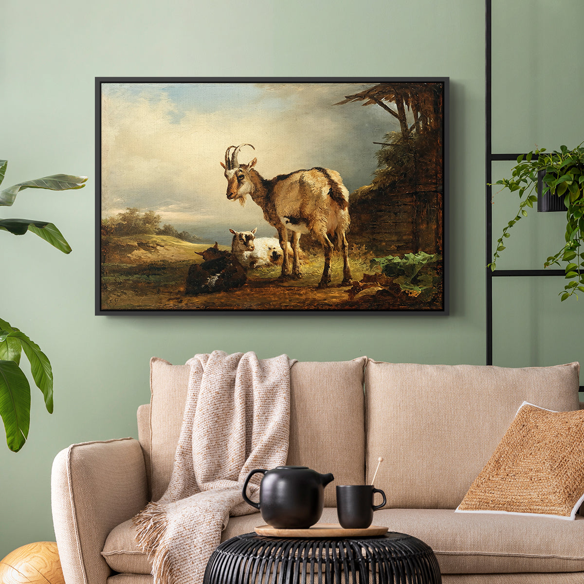 A Goat with Two Kids - Floater Framed Canvas Print