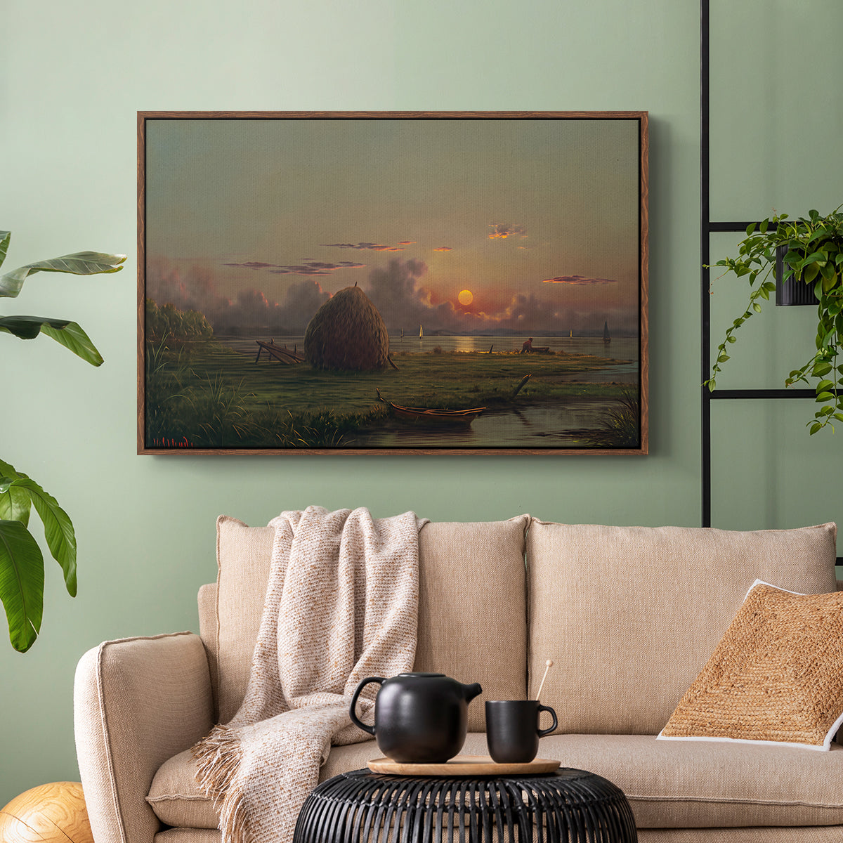 Haystack at Sunset, 1880 - Floater Framed Canvas Print