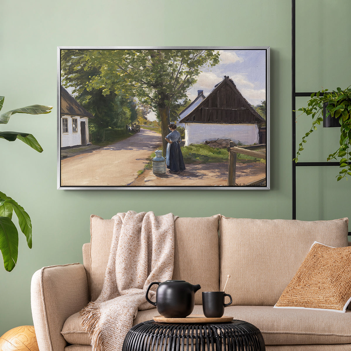 Danish Village Street with Woman and Milkman, 1880 - Floater Framed Canvas Print