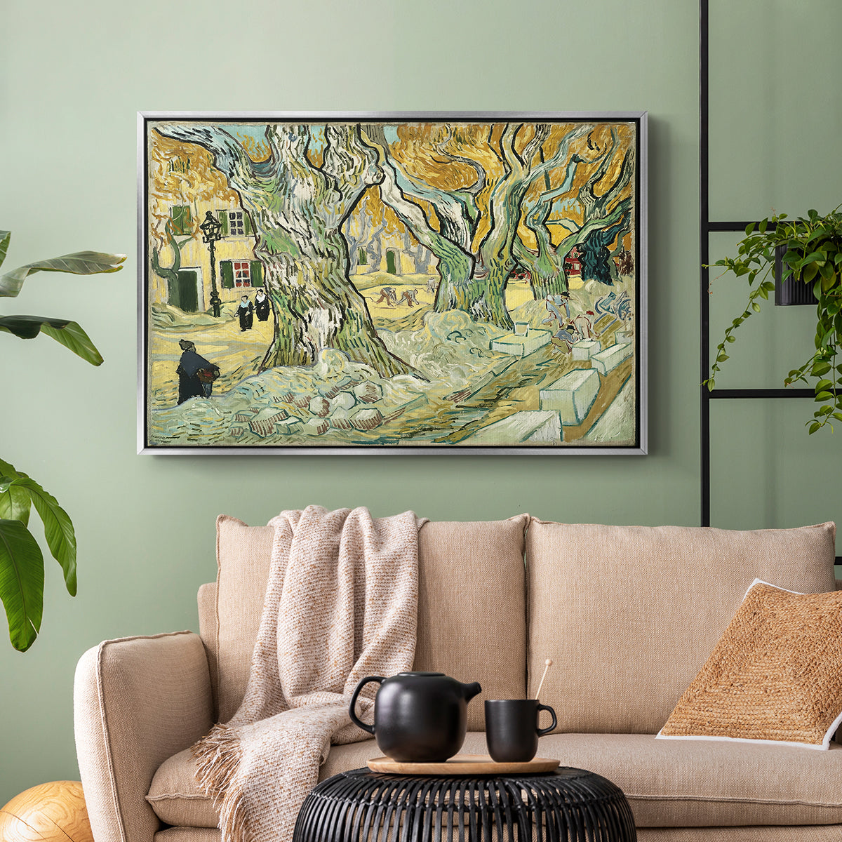 The Large Plane Trees (Road Menders at Saint-Rémy), 1889 - Floater Framed Canvas Print