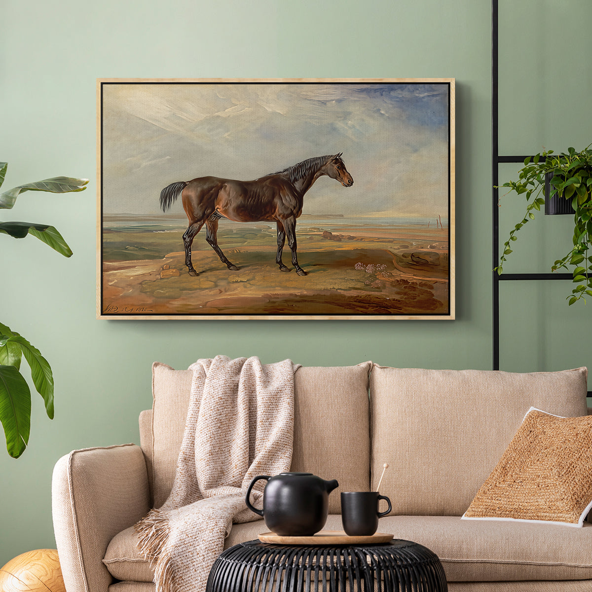 Dr. Syntax, a Bay Racehorse, Standing in a Coastal Landscape, an Estuary Beyond, c. 1820 - Floater Framed Canvas Print
