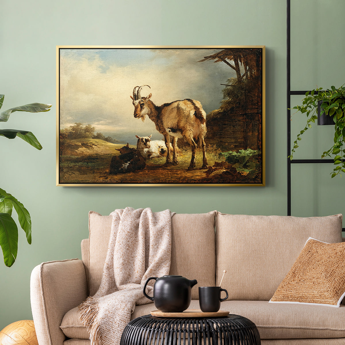 A Goat with Two Kids - Floater Framed Canvas Print