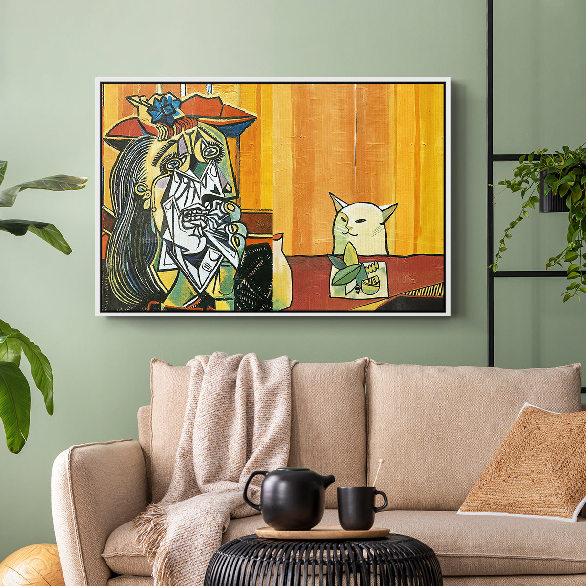 Woman Yelling at a Cat Meme (Picasso Parody) - Floater Framed Canvas Print