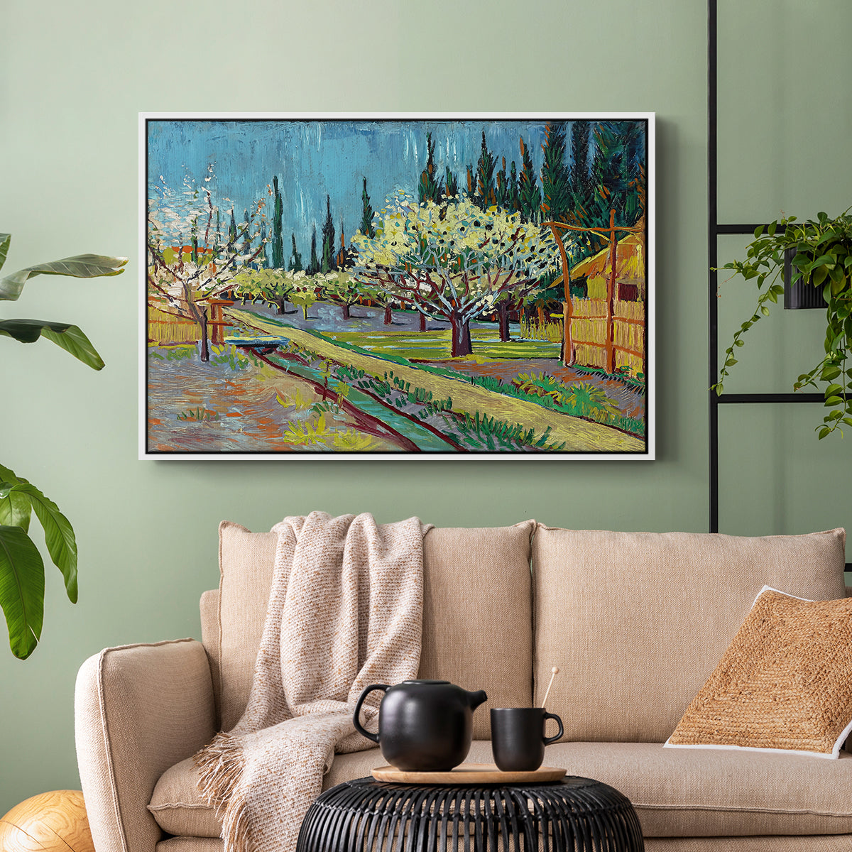 Orchard in Blossom, Bordered by Cypresses, 1888 - Floater Framed Canvas Print