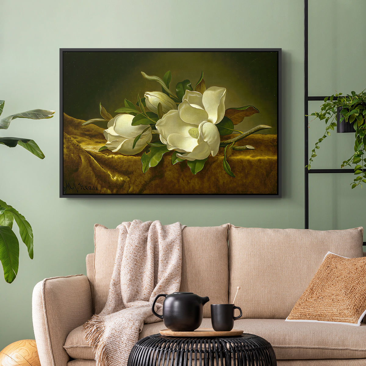 Magnolias on Gold Velvet Cloth, c. 1888-1890 - Floater Framed Canvas Print