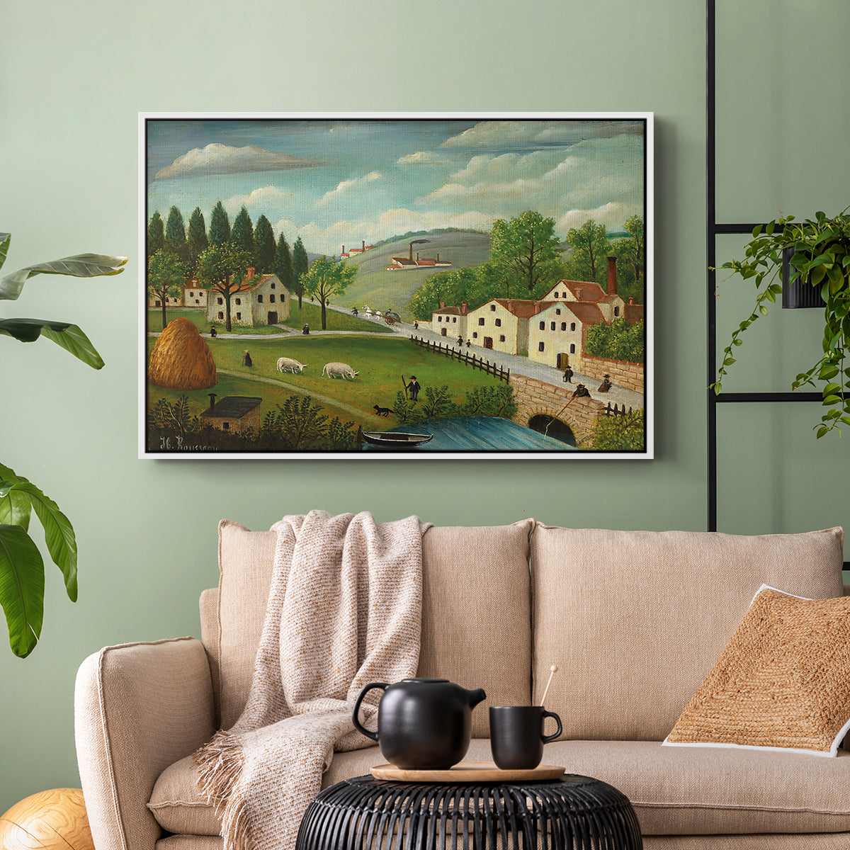 Pastoral Landscape with Stream, Fisherman and Strollers, 1875-1880 - Floater Framed Canvas Print
