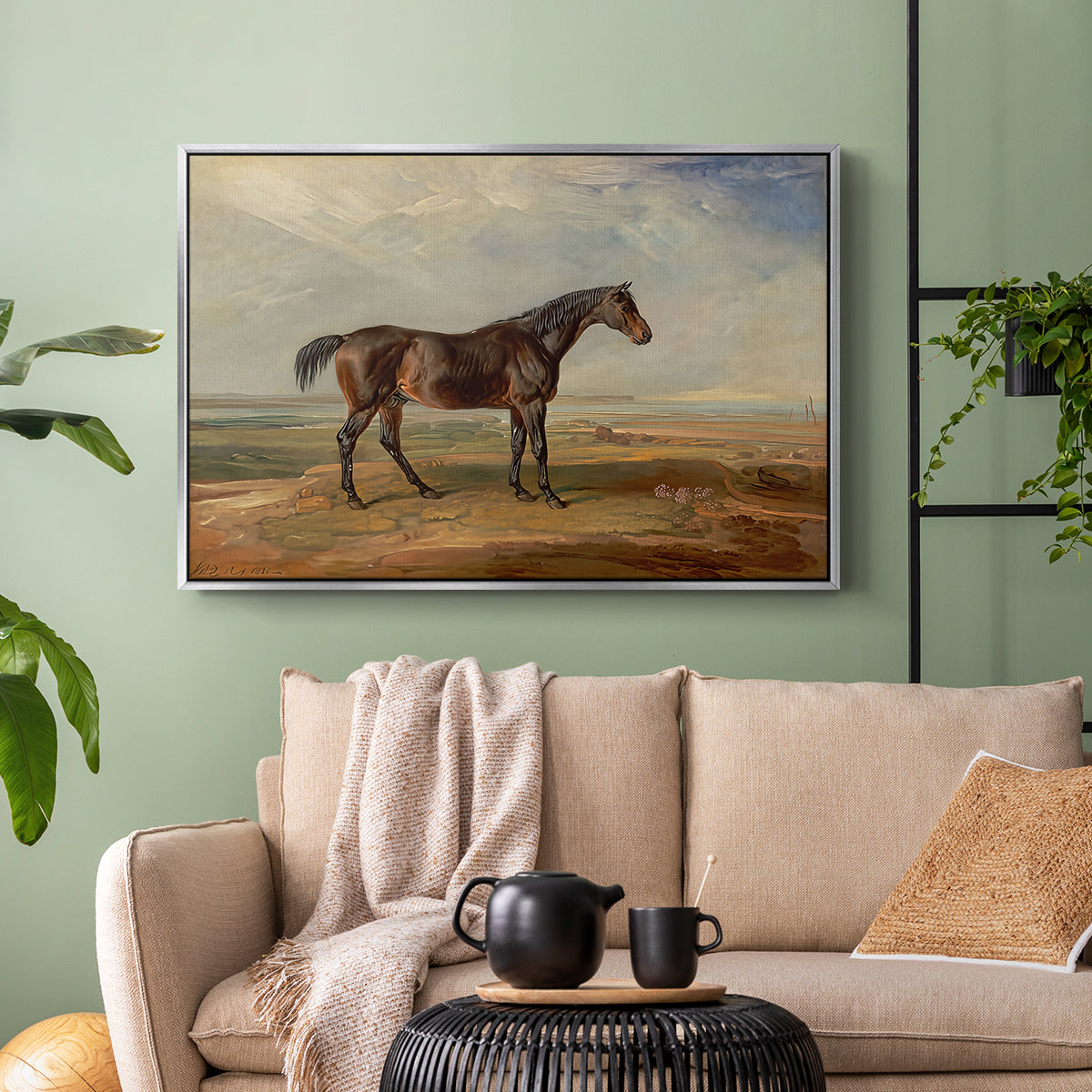 Dr. Syntax, a Bay Racehorse, Standing in a Coastal Landscape, an Estuary Beyond, c. 1820 - Floater Framed Canvas Print