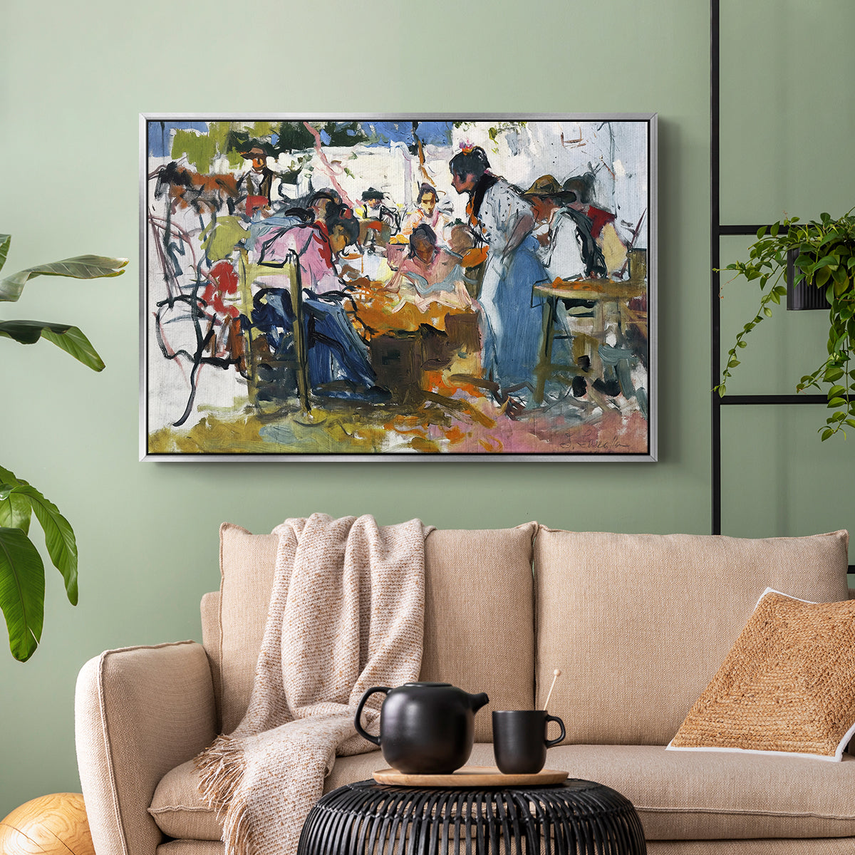 Net Menders in Valencia, 1909 - Floater Framed Canvas Print