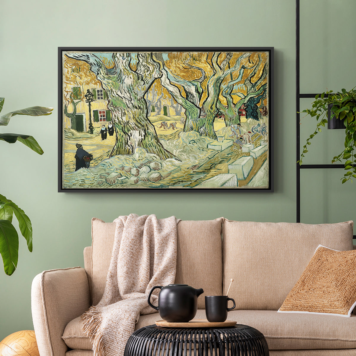 The Large Plane Trees (Road Menders at Saint-Rémy), 1889 - Floater Framed Canvas Print