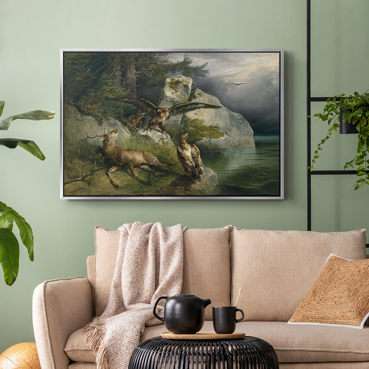 Eagles and Dying Stag on a Lakeshore, 1836 - Floater Framed Canvas Print