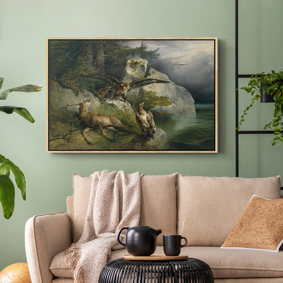 Eagles and Dying Stag on a Lakeshore, 1836 - Floater Framed Canvas Print