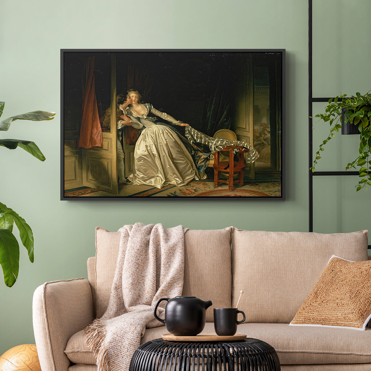The Stolen Kiss (Le Baiser à la dérobée), c. 1788 - Floater Framed Canvas Print