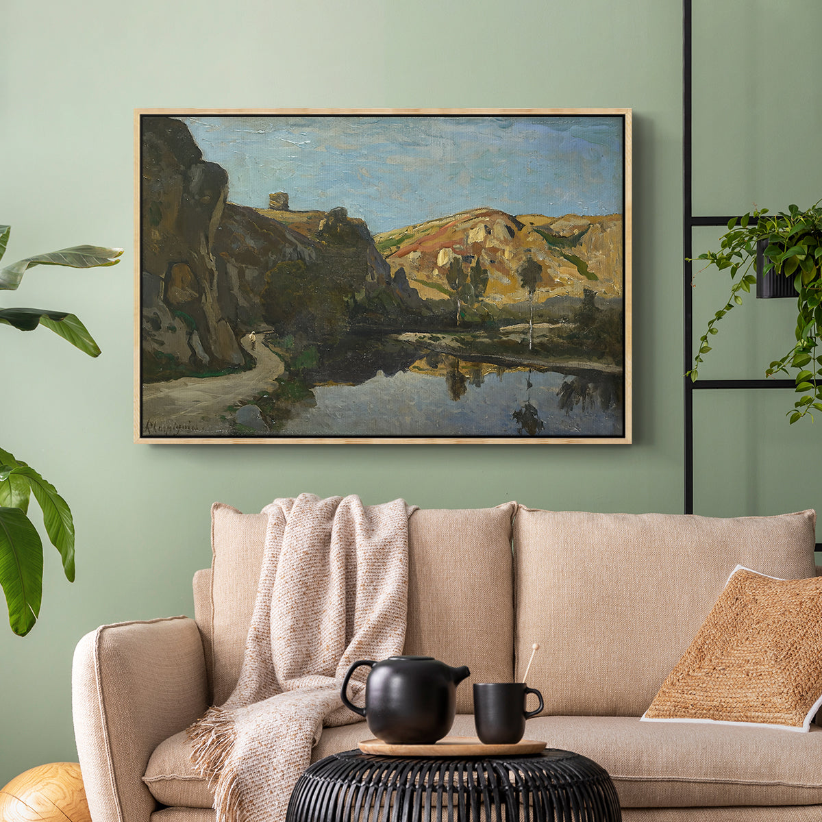 River Landscape with Cliffs, c. 1850-1860 - Floater Framed Canvas Print