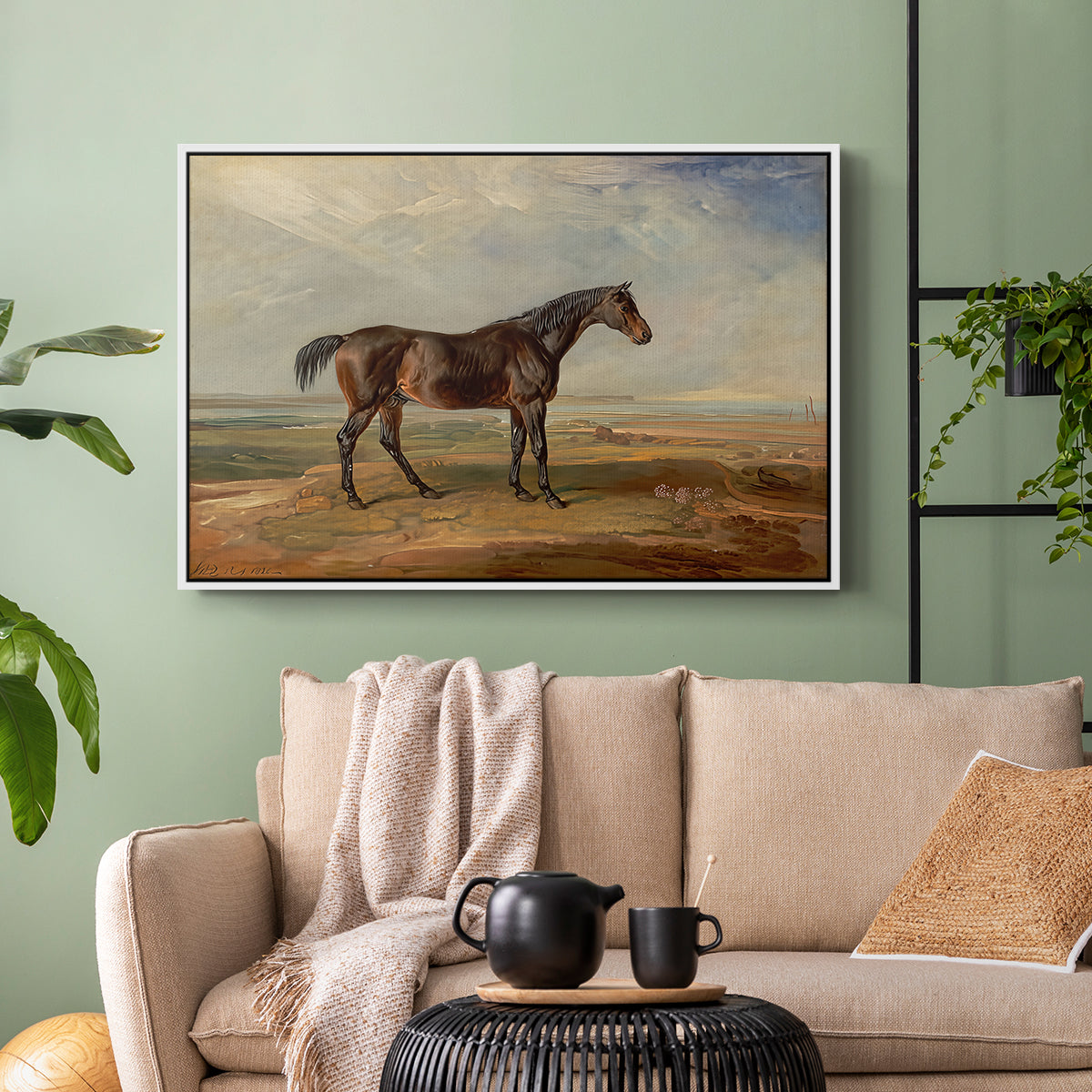 Dr. Syntax, a Bay Racehorse, Standing in a Coastal Landscape, an Estuary Beyond, c. 1820 - Floater Framed Canvas Print