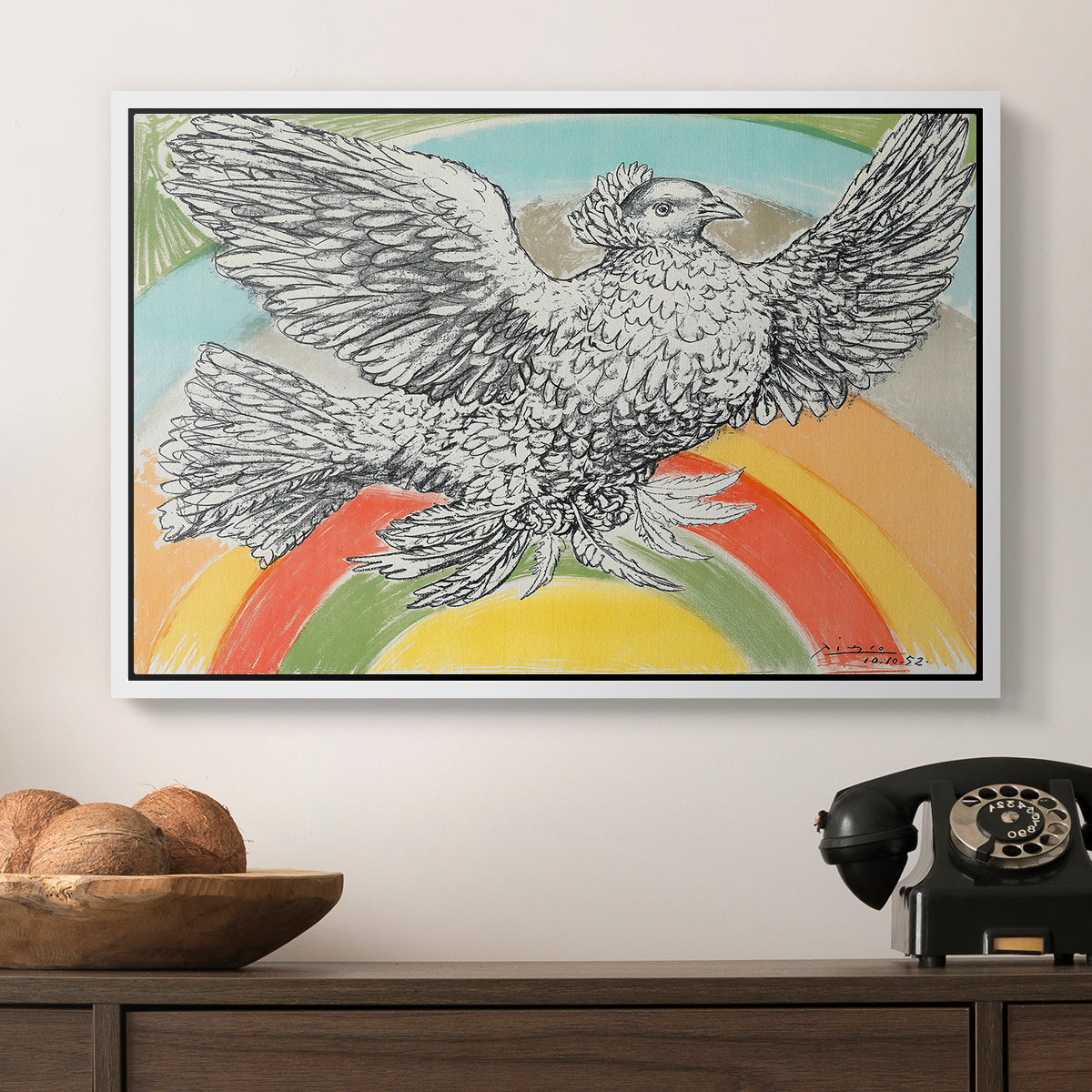 Flying Dove with Rainbow (Colombe volant à l'Arc-en-ciel), 1952 - Floater Framed Canvas Print