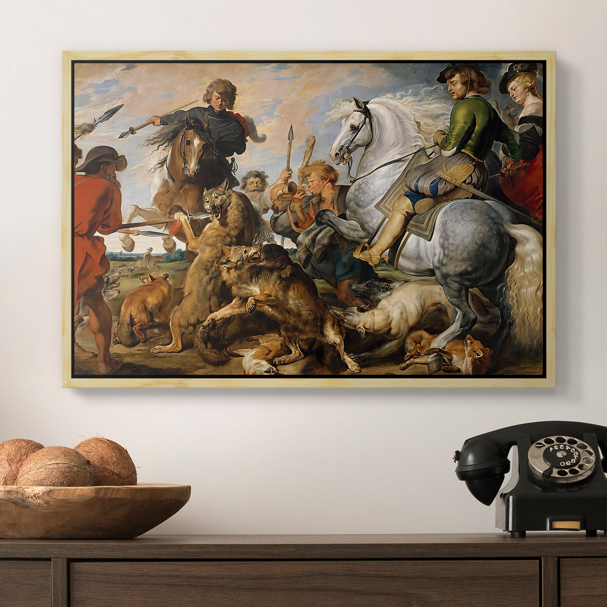 The Wolf and Fox Hunt, c. 1616 - Floater Framed Canvas Print
