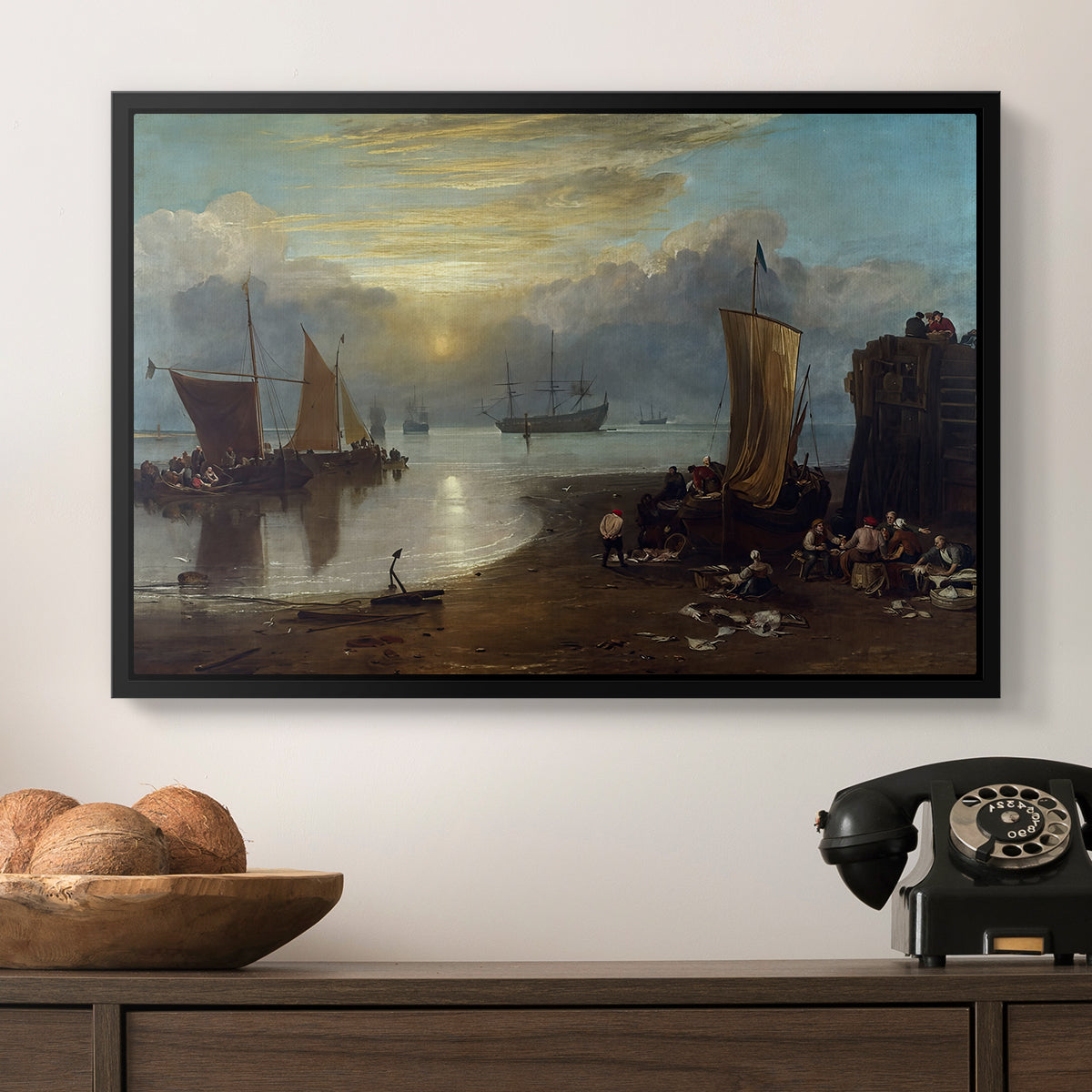 Sun Rising through Vapour: Fishermen Cleaning and Selling Fish, c. 1807 - Floater Framed Canvas Print