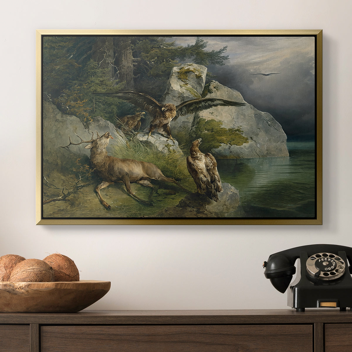 Eagles and Dying Stag on a Lakeshore, 1836 - Floater Framed Canvas Print
