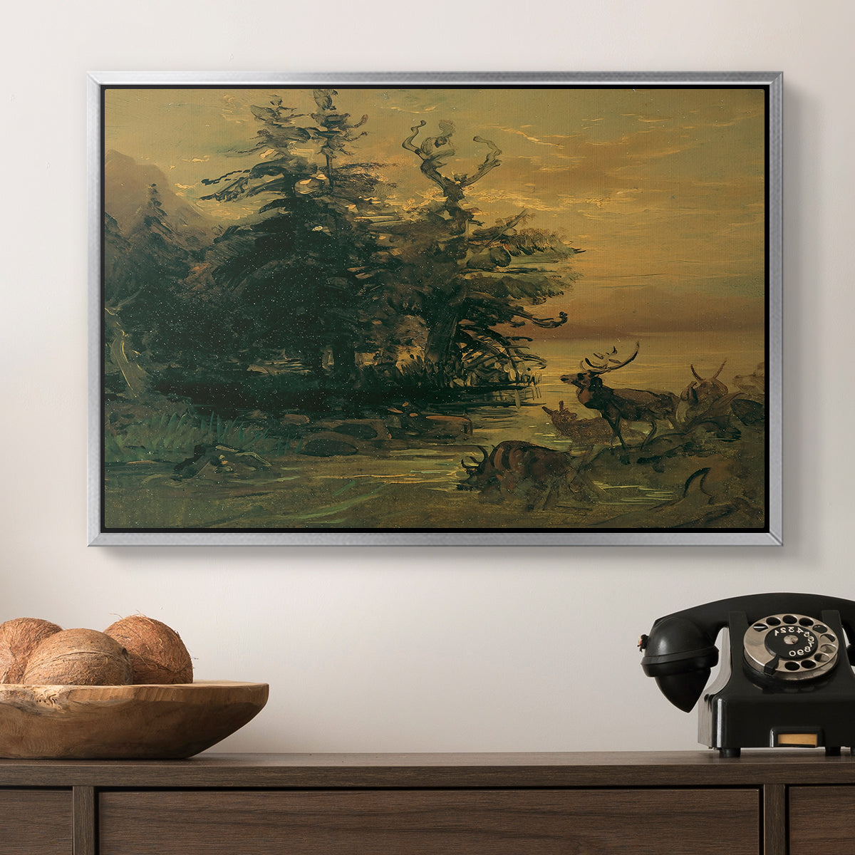 Wallowing Deer on the Shore of a Mountain Lake, c. 1850 - Floater Framed Canvas Print