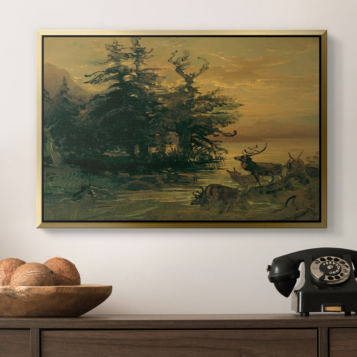 Wallowing Deer on the Shore of a Mountain Lake, c. 1850 - Floater Framed Canvas Print