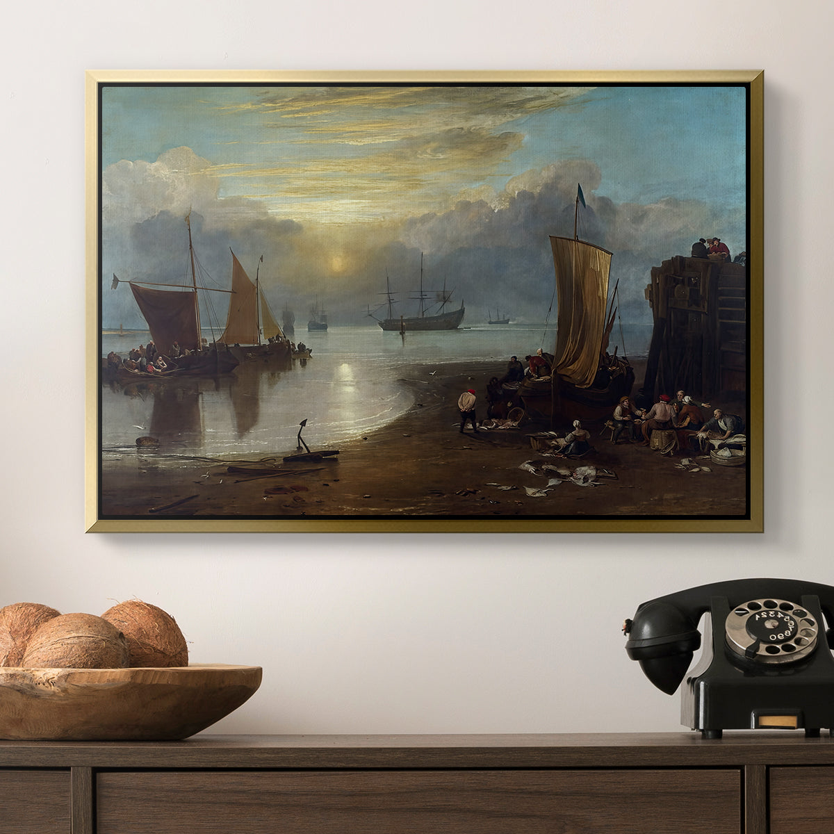 Sun Rising through Vapour: Fishermen Cleaning and Selling Fish, c. 1807 - Floater Framed Canvas Print